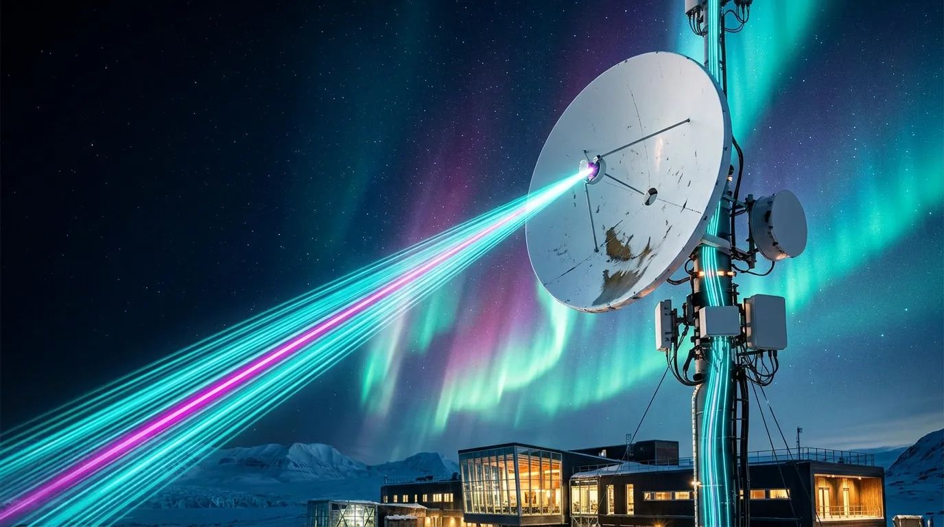 Antena de la Base Polar que recibe un haz de luz turquesa con núcleo magenta bajo la aurora